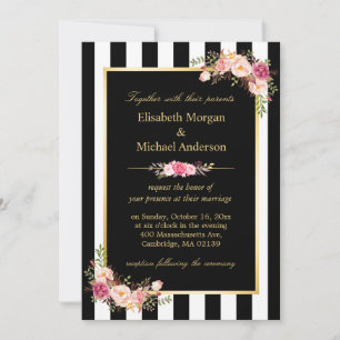 Convites Casamento Dourado Floral Preto Elegante