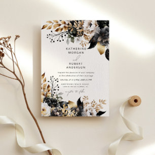 Convites Casamento Dourado Floral Preto-Vidro