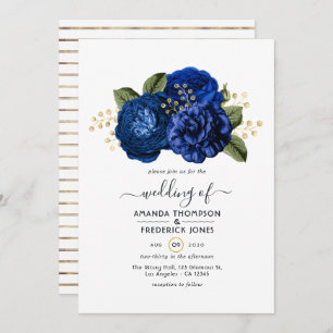 Convites Casamento Dourado Floral Real Azul e Faux Foil
