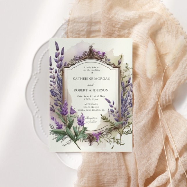 Convites Casamento Dourado Floral Regal Lavanda de Aquarela (Criador carregado)