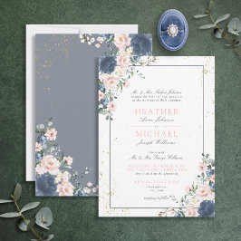 Convites Casamento Dourado Floral Rosa-Rosa Azul-Dusta Clar