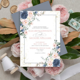 Convites Casamento Dourado Floral Rosa-Rosa Azul-Dusta Clar