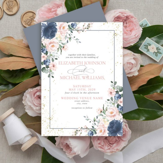 Convites Casamento Dourado Floral Rosa-Rosa Azul-Dusta Clar (Criador carregado)