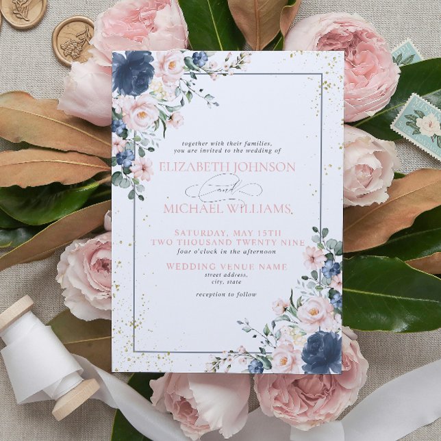 Convites Casamento Dourado Floral Rosa-Rosa Azul-Dusta Clar (Criador carregado)