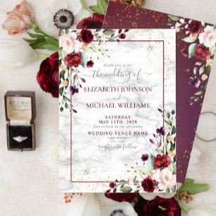 Convites Casamento Dourado Floral Rosa-Rosa Burgundy