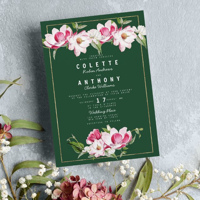 Convites Casamento Dourado Floral Rosa Verde Florestal Mode (Modern Forest Green Pink Gold Floral Wedding)