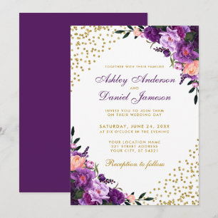Convites Casamento Dourado Floral Roxo-Violeta