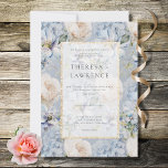 Convites Casamento Dourado Floral Russo Azul e Branco<br><div class="desc">Este design apresenta um belo padrão floral rústico, azul e branco, de periwinkle, em um fundo empoeirado de azul-piscadela. O texto é exibido em uma área de texto transparente branca suave com um quadro de brilho dourado sujo. a parte de trás continua o padrão floral. Este cartão faz parte da...</div>