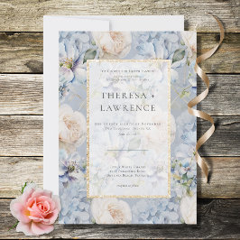 Convites Casamento Dourado Floral Russo Azul e Branco