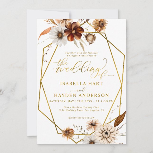 Convites Casamento Dourado Floral Rustic Boho Terracotta (Frente)