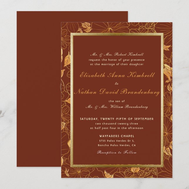 Convites Casamento Dourado Floral Terrestre Terracotta (Frente/Verso)