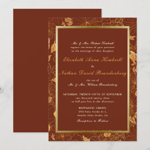 Convites Casamento Dourado Floral Terrestre Terracotta