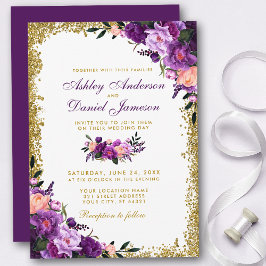 Convites Casamento Dourado Floral Ultra Violeta Roxo