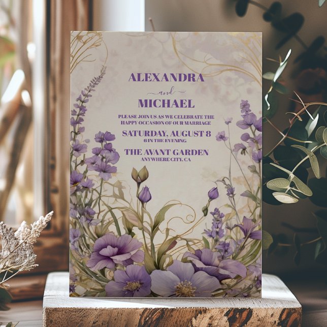 Convites Casamento Dourado Floral Ultra Violeta Roxo (Criador carregado)