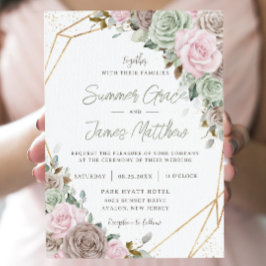 Convites Casamento Dourado Floral Verde, , Castanho Rosa Su
