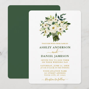 Convites Casamento Dourado Floral Verde Moderno