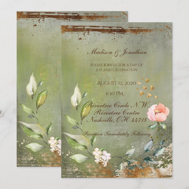 Convites Casamento Dourado Floral Verde Russo (Frente/Verso)