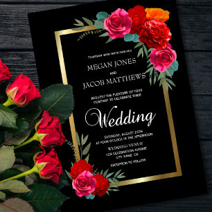 Convites Casamento Dourado Floral Vermelho Elegante