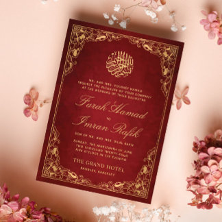 Convites Casamento Dourado Floral Vermelho Muçulmano Islâmi