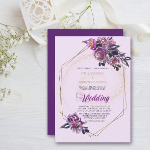 Convites Casamento Dourado Floral Violeta Roxo