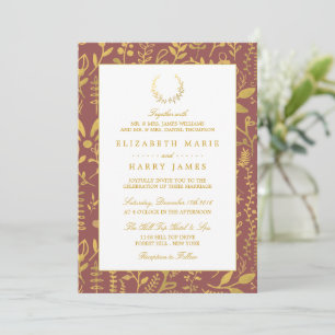 Convites Casamento Dourado Floral Wreath Elegante