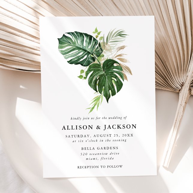 Convites Casamento Dourado Folhas Tropicais Modernas (Criador carregado)
