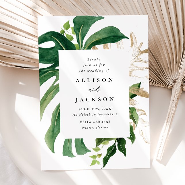 Convites Casamento Dourado Folhas Tropicais Modernas (Criador carregado)