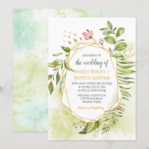 Convites Casamento Dourado Geométrico Botânico Cor-de-Rosa 