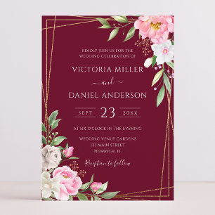 Convites Casamento Dourado Geométrico Burgundy Watercolor 
