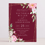 Convites Casamento Dourado Geométrico Burgundy Watercolor F<br><div class="desc">Um elegante convite para o casamento floral com flores cor-de-água rosa pinceladas com caligrafia moderna manuscrita em fundo vermelho-burgundy.</div>