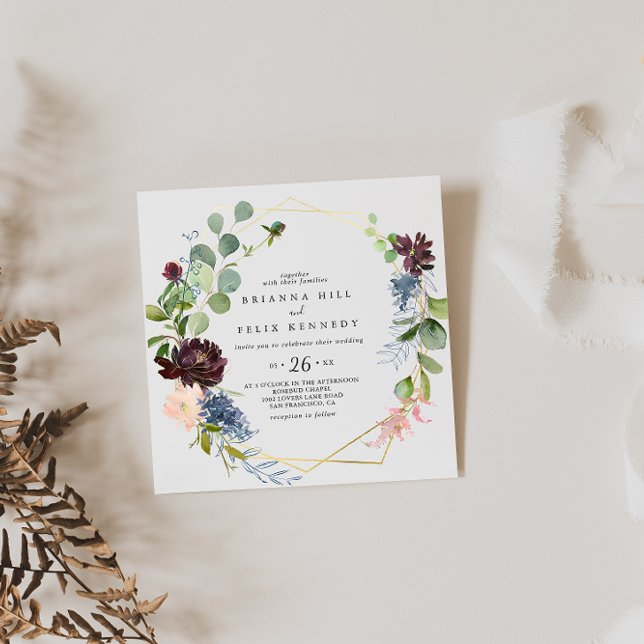 Convites Casamento Dourado Geométrico Casual Burgundy (Criador carregado)