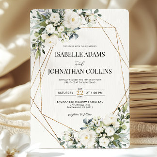 Convites Casamento Dourado Geométrico com Verde Floral Bran