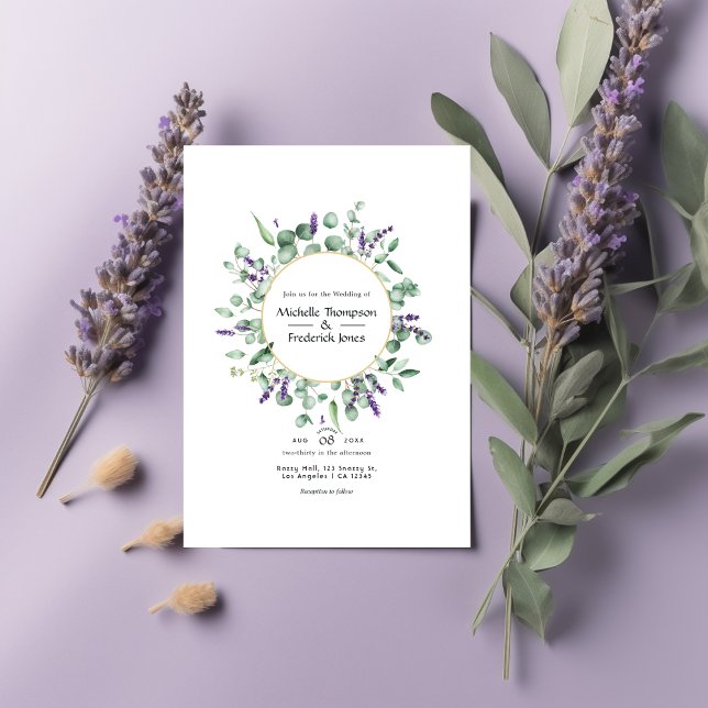 Convites Casamento Dourado Geométrico da Lavanda Eucalyptus (Criador carregado)