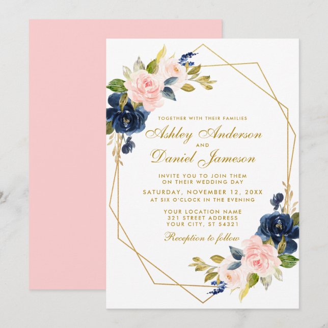 Convites Casamento Dourado Geométrico de Blush Azul-Cor-de- (Frente/Verso)