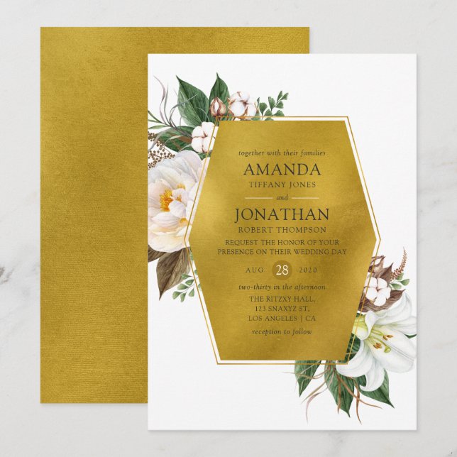 Convites Casamento Dourado Geométrico Floral (Frente/Verso)