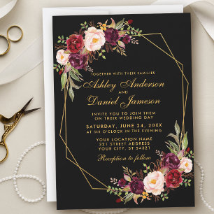 Convites Casamento Dourado Geométrico Floral Burgundy
