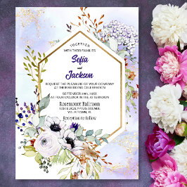 Convites Casamento Dourado Geométrico Floral Roxo