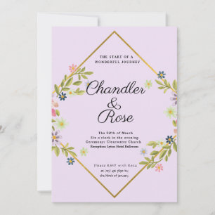 Convites Casamento Dourado Geométrico Mínimo Roxo Floral