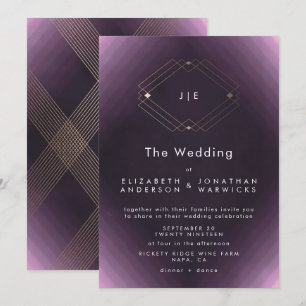 Convites Casamento Dourado Geométrico Roxo Simples