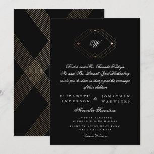 Convites Casamento Dourado Geométrico Simples Preto Modern