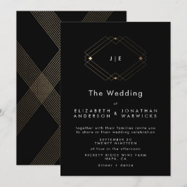 Convites Casamento Dourado Geométrico Simples Preto Moderno