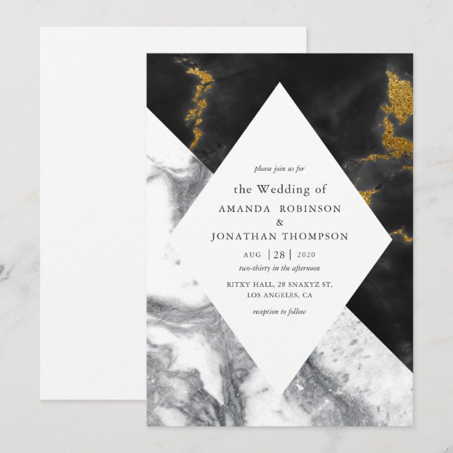 Convites Casamento Dourado Glam Faux Glitter Marble (Frente/Verso)