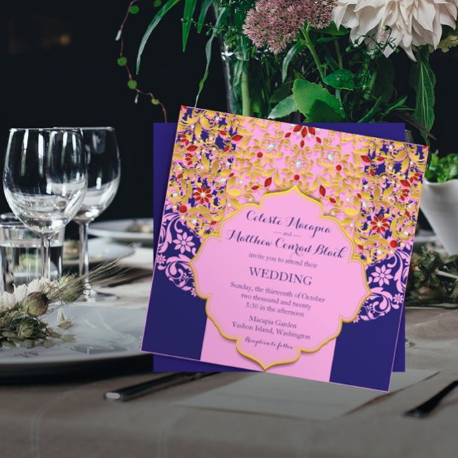 Convites Casamento Dourado Hindu Azul-Rosa Lux Jeweled (Criador carregado)