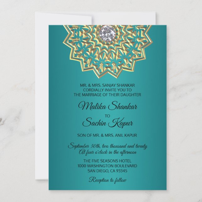Convites Casamento Dourado Índio Teal Blue Mandala (Frente)