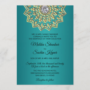 Convites Casamento Dourado Índio Teal Blue Mandala