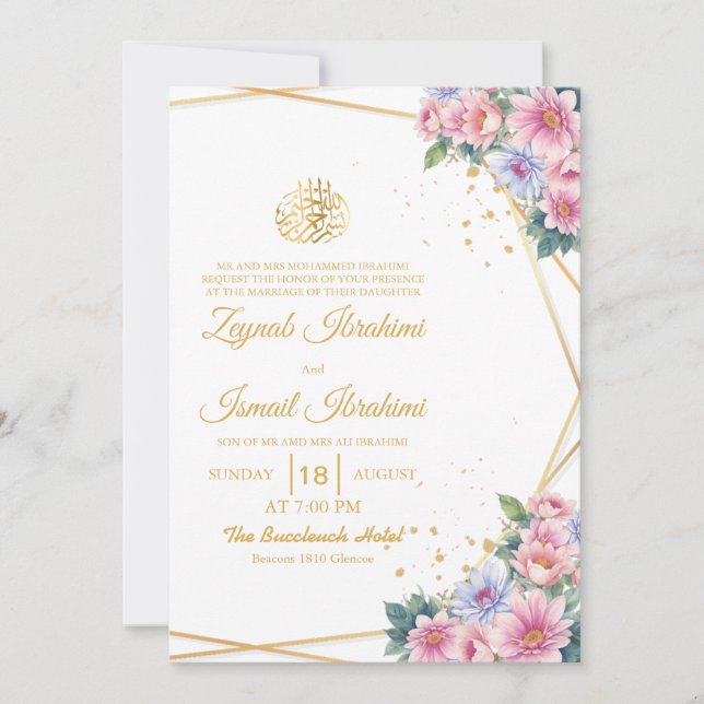 Convites Casamento Dourado islâmico, cor-de-rosa e azul (Frente)