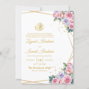 Convites Casamento Dourado islâmico, cor-de-rosa e azul