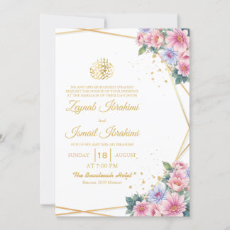 Convites Casamento Dourado islâmico, cor-de-rosa e azul