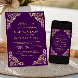 Convites Casamento Dourado islâmico Roxo-Molusco