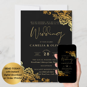 Convites Casamento Dourado Lace Moderno Elegante Negro